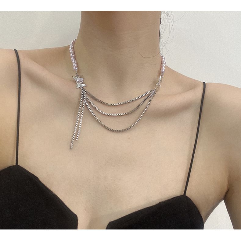 Bow Faux Pearl Layered Chain Necklace SpreePicky