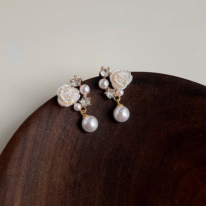 Flower Rhinestone Faux Pearl Drop Earring SpreePicky