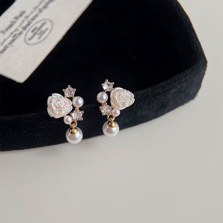 Flower Rhinestone Faux Pearl Drop Earring SpreePicky