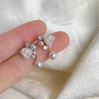 Flower Rhinestone Faux Pearl Drop Earring SpreePicky