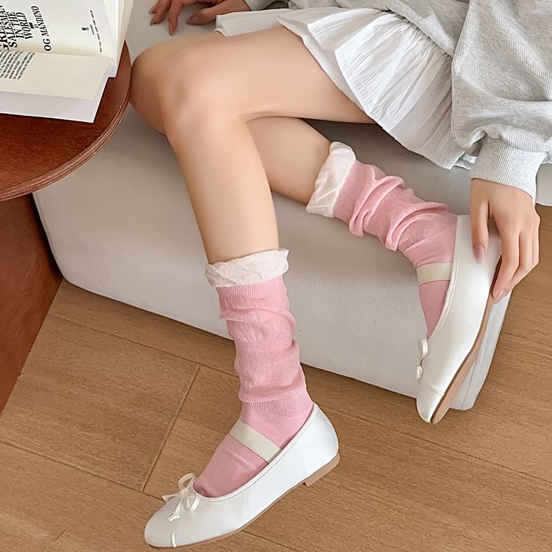 Contrast Frill Trim Mid-Calf Socks SpreePicky