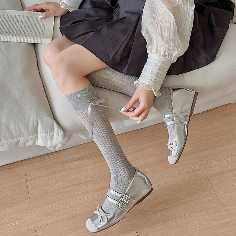 Plain Bow Knee High Socks SpreePicky