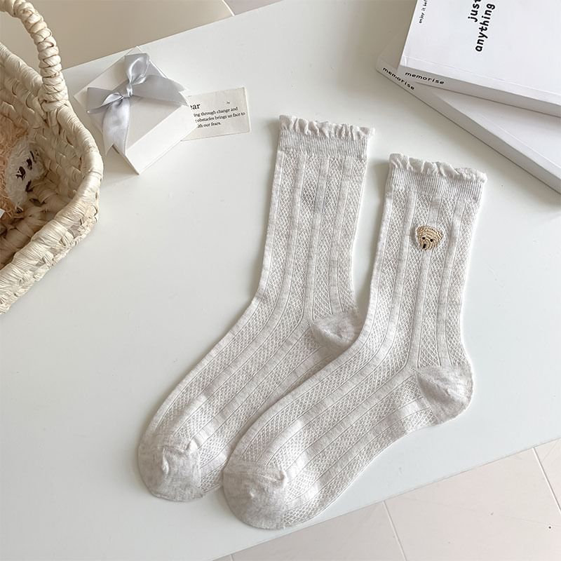 Bear Embroidered Frill Trim Socks SpreePicky