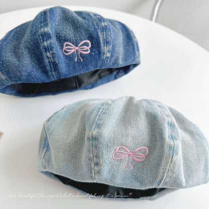 Bow Embroidered Washed Denim Beret SpreePicky