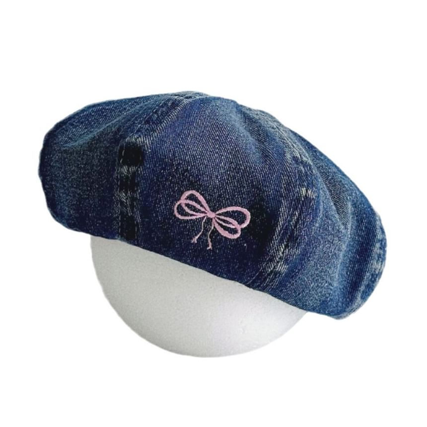 Bow Embroidered Washed Denim Beret SpreePicky