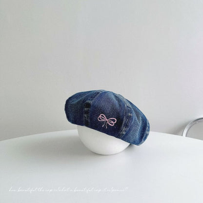 Bow Embroidered Washed Denim Beret SpreePicky