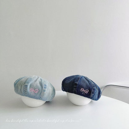 Bow Embroidered Washed Denim Beret SpreePicky