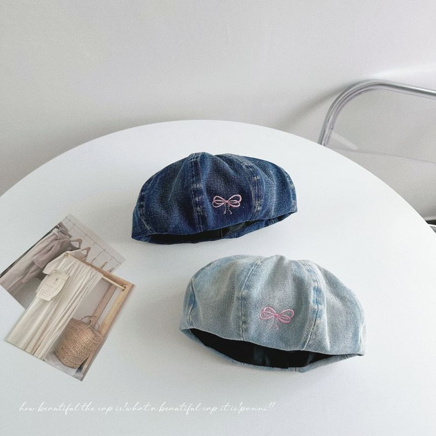 Bow Embroidered Washed Denim Beret SpreePicky