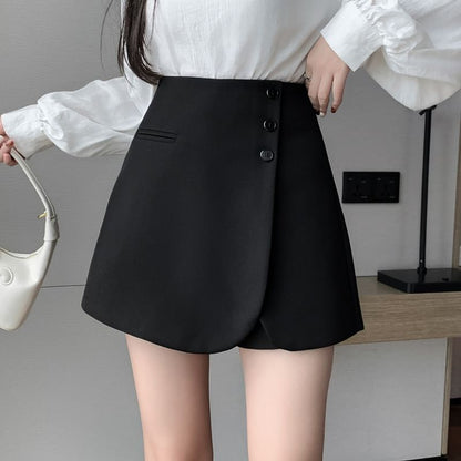 High Waist Plain Asymmetrical Button Front Skort SpreePicky