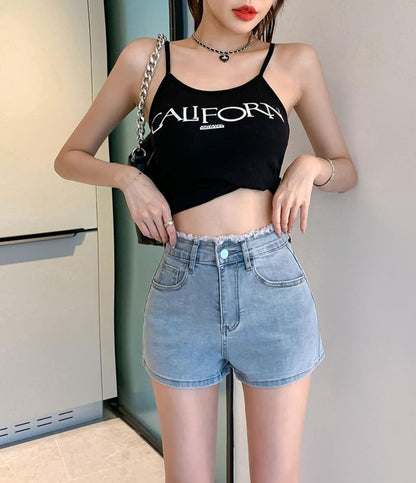 High Waist Ribbon Print Denim Shorts mySite