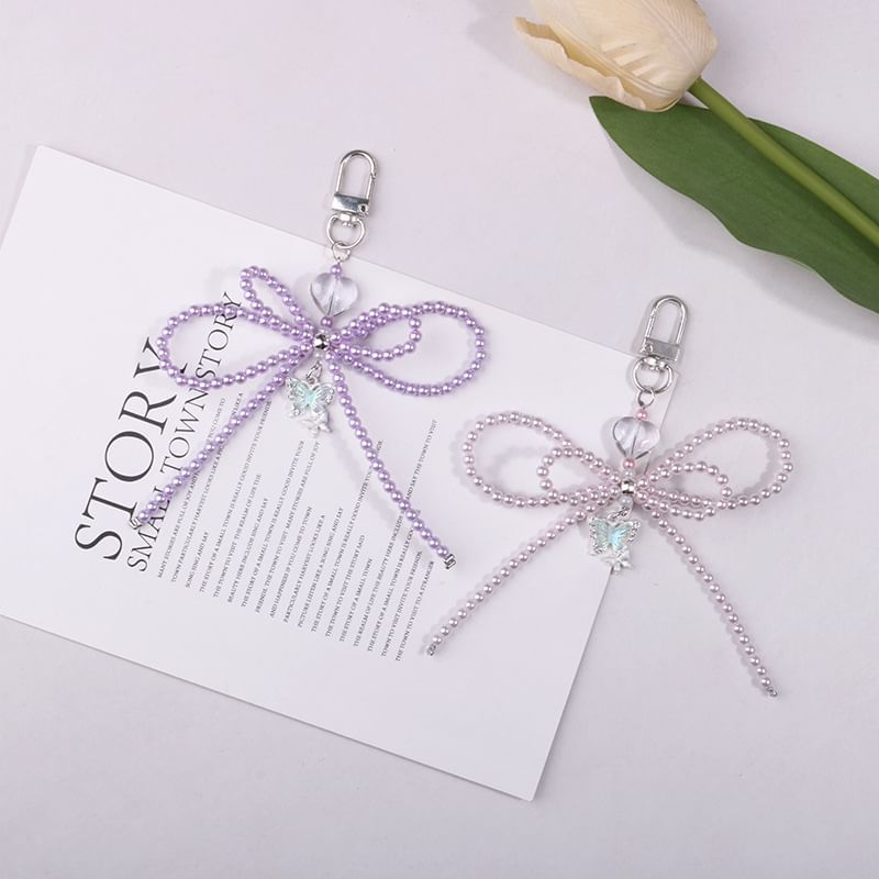 Bow Faux Pearl Resin Bag Charm Keyring Phone SpreePicky