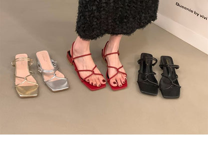 Square-Toe Low Heel Strappy Sandals SpreePicky