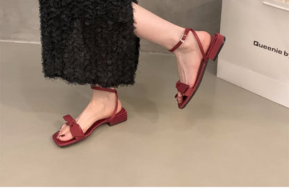 Square-Toe Bow Low Heel Sandals SpreePicky