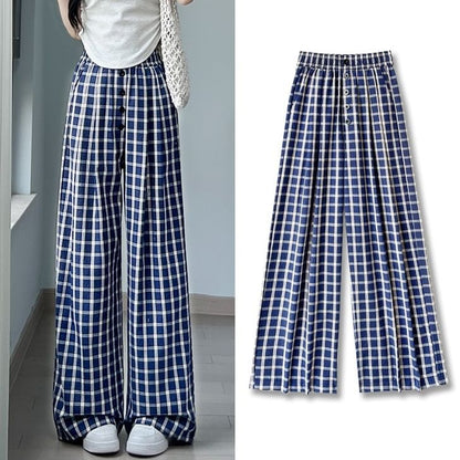 Button Applique High Rise Elastic Waist Plaid Wide Leg Pants SpreePicky