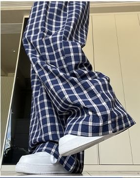 Button Applique High Rise Elastic Waist Plaid Wide Leg Pants SpreePicky