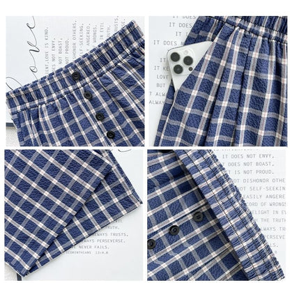 Button Applique High Rise Elastic Waist Plaid Wide Leg Pants SpreePicky