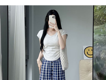 Button Applique High Rise Elastic Waist Plaid Wide Leg Pants SpreePicky