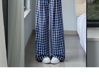 Button Applique High Rise Elastic Waist Plaid Wide Leg Pants SpreePicky