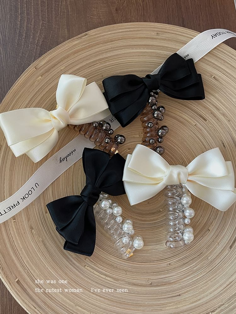 Bow Fabric Faux Pearl Coil Hair Tie SpreePicky