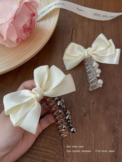 Bow Fabric Faux Pearl Coil Hair Tie SpreePicky