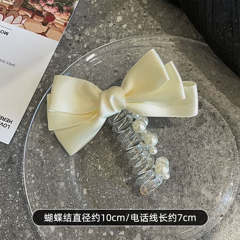 Bow Fabric Faux Pearl Coil Hair Tie SpreePicky