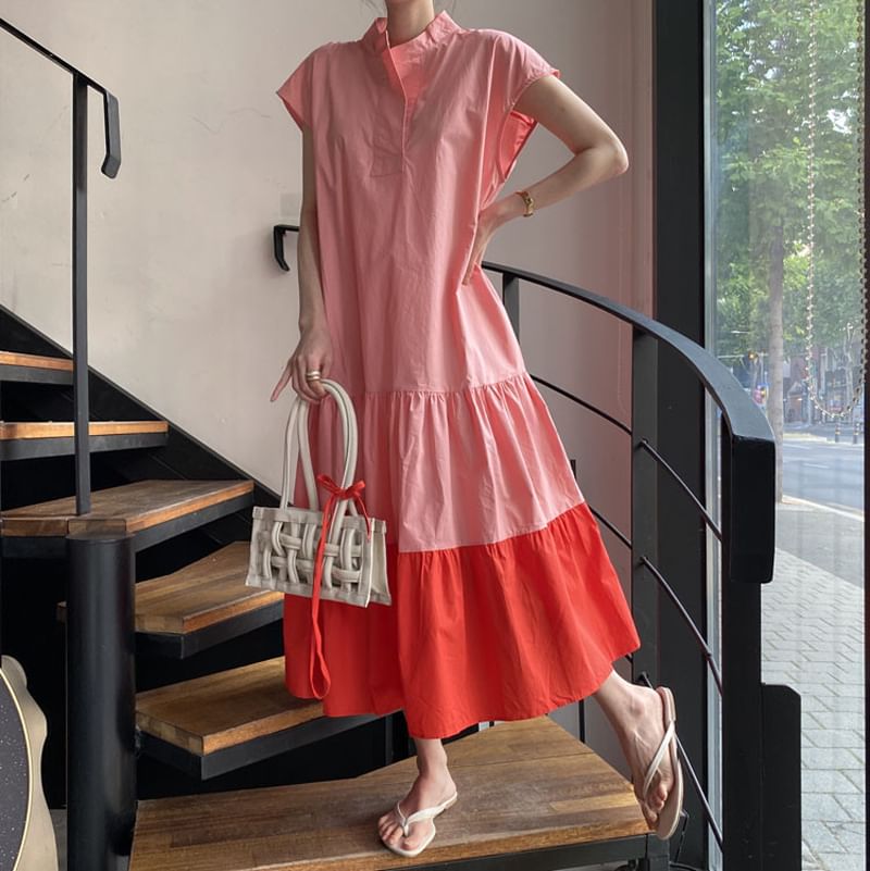 Short-Sleeve Band Collar Two Tone Tiered Midi A-Line Dress SpreePicky