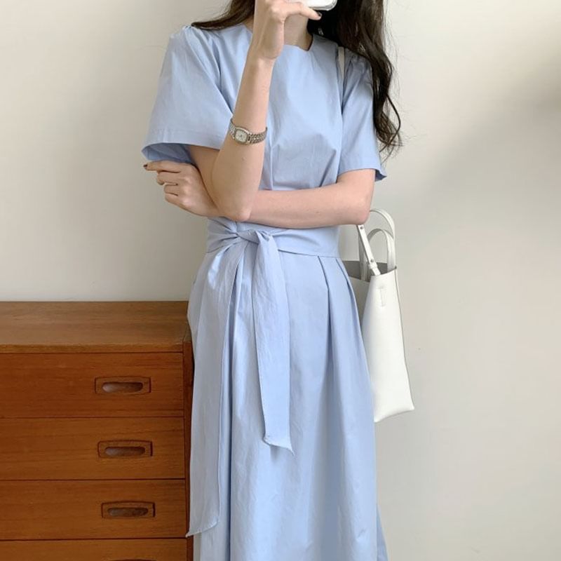 Short-Sleeve Round Neck Plain Sashed Midi A-Line Dress SpreePicky