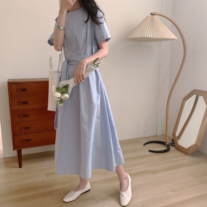 Short-Sleeve Round Neck Plain Sashed Midi A-Line Dress SpreePicky