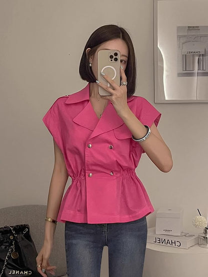 Short-Sleeve Notch Lapel Plain Peplum Double-Breasted Jacket SpreePicky