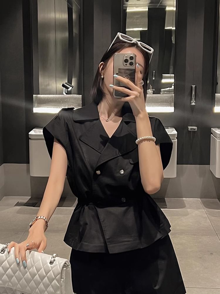 Short-Sleeve Notch Lapel Plain Peplum Double-Breasted Jacket SpreePicky