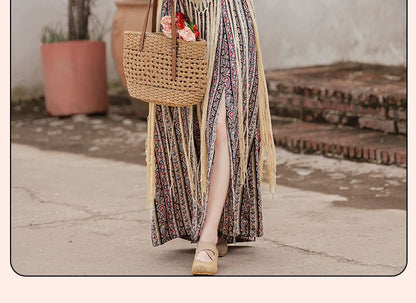 Plain Crochet Knit Midi Pinafore Dress / Spaghetti Strap Patterned Maxi Sundress / Set SpreePicky