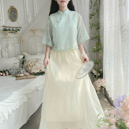 Set: Elbow-Sleeve Plaid Hanfu Blouse + High Waist Plain Maxi A-Line Skirt mySite