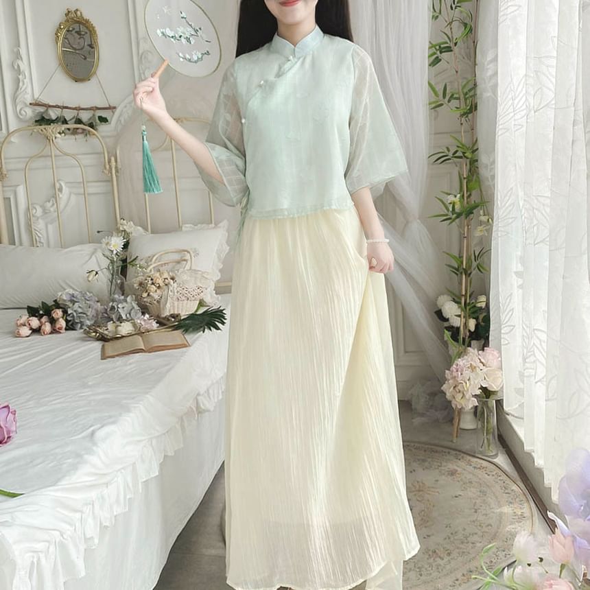 Set: Elbow-Sleeve Plaid Hanfu Blouse + High Waist Plain Maxi A-Line Skirt mySite