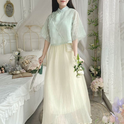 Set: Elbow-Sleeve Plaid Hanfu Blouse + High Waist Plain Maxi A-Line Skirt mySite