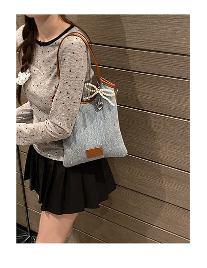 Bow Washed Denim Shoulder Bag SpreePicky