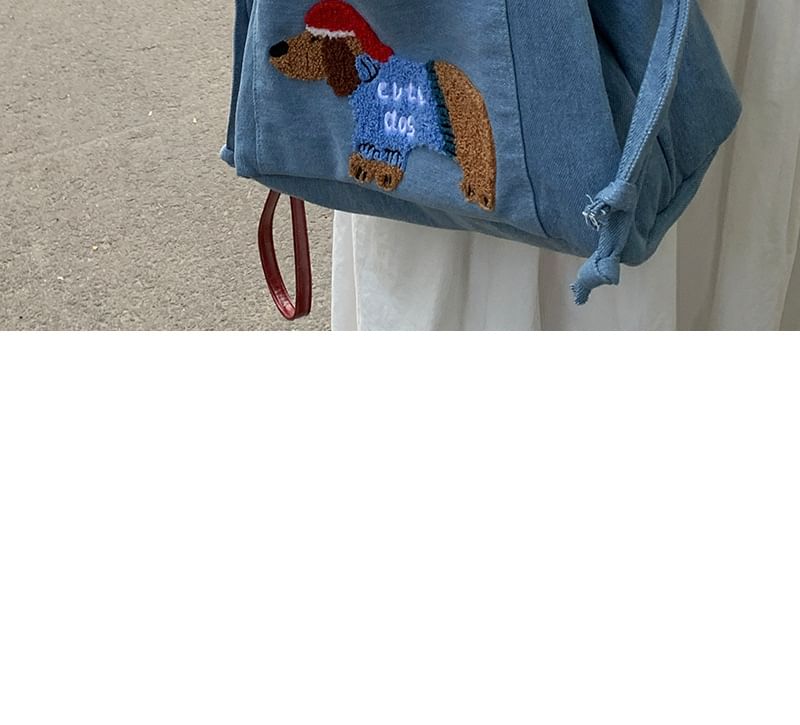 Dog Applique Drawstring Denim Tote Bag SpreePicky