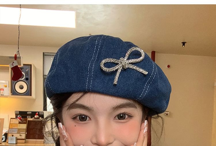 Ribbon Beaded Denim Beret SpreePicky