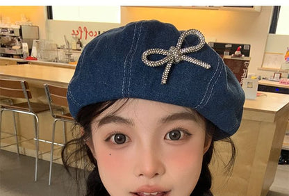 Ribbon Beaded Denim Beret SpreePicky