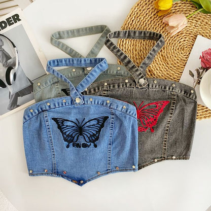 Halter Butterfly Embroidered Washed Panel Crop Denim Top mySite