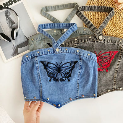 Halter Butterfly Embroidered Washed Panel Crop Denim Top mySite