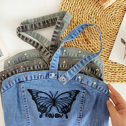 Halter Butterfly Embroidered Washed Panel Crop Denim Top mySite