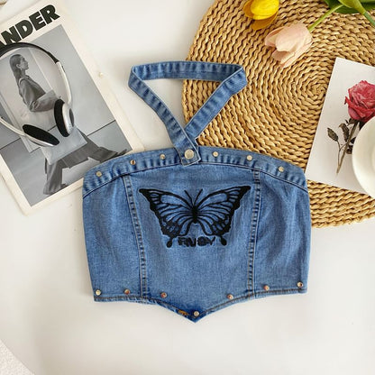 Halter Butterfly Embroidered Washed Panel Crop Denim Top mySite