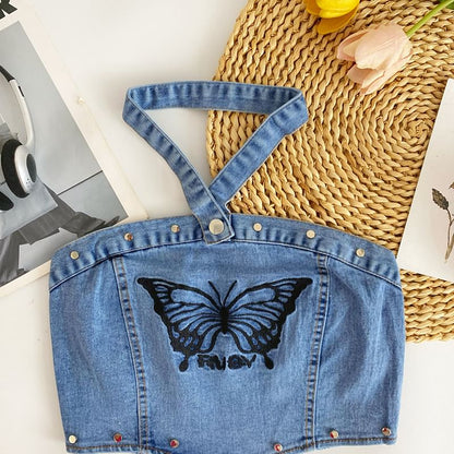 Halter Butterfly Embroidered Washed Panel Crop Denim Top mySite