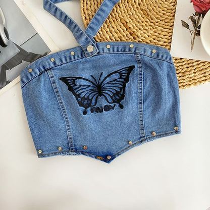 Halter Butterfly Embroidered Washed Panel Crop Denim Top mySite