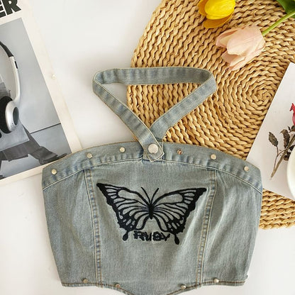 Halter Butterfly Embroidered Washed Panel Crop Denim Top mySite