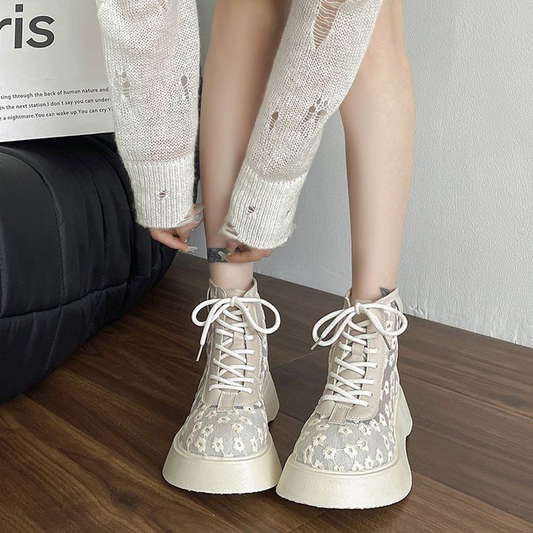 Flower Lace-Up Platform Boots mySite