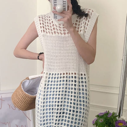 Sleeveless Perforated Plain Knit Dress SpreePicky