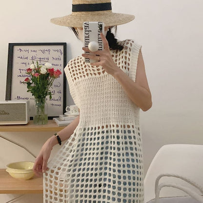 Sleeveless Perforated Plain Knit Dress SpreePicky