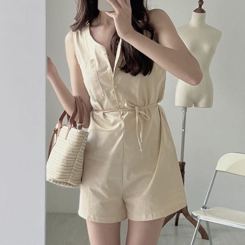 Sleeveless Button-Up Plain Romper SpreePicky