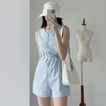 Sleeveless Button-Up Plain Romper SpreePicky